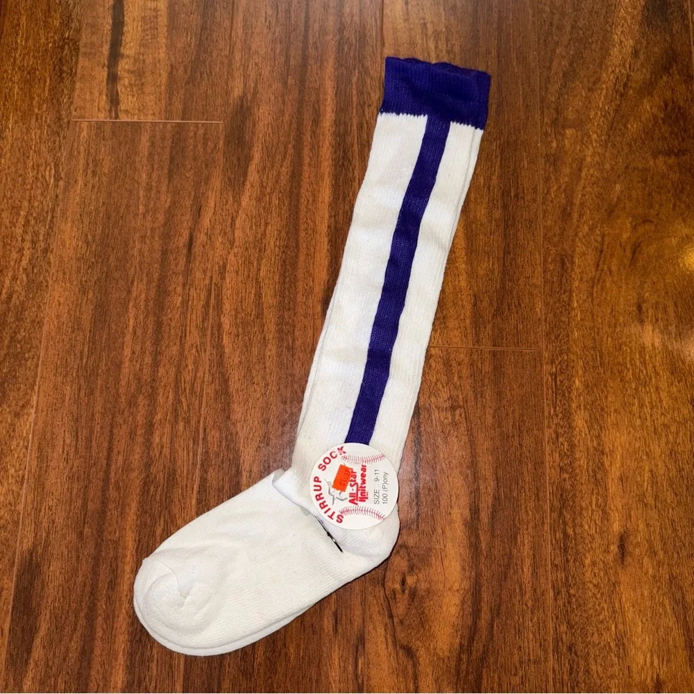 NWT Vintage All-Star Knitwear Baseball Socks White Purple Stripe Size 9-11 USA